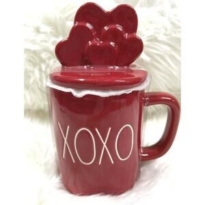Rae Dunn MUG + TOPPER VALENTINES XOXO Love Red White XL 16oz Coffee Cup 2 PC Set